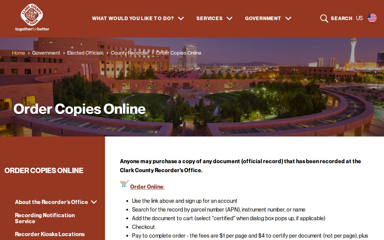 Clark County residents directory Recorder copy ordering page